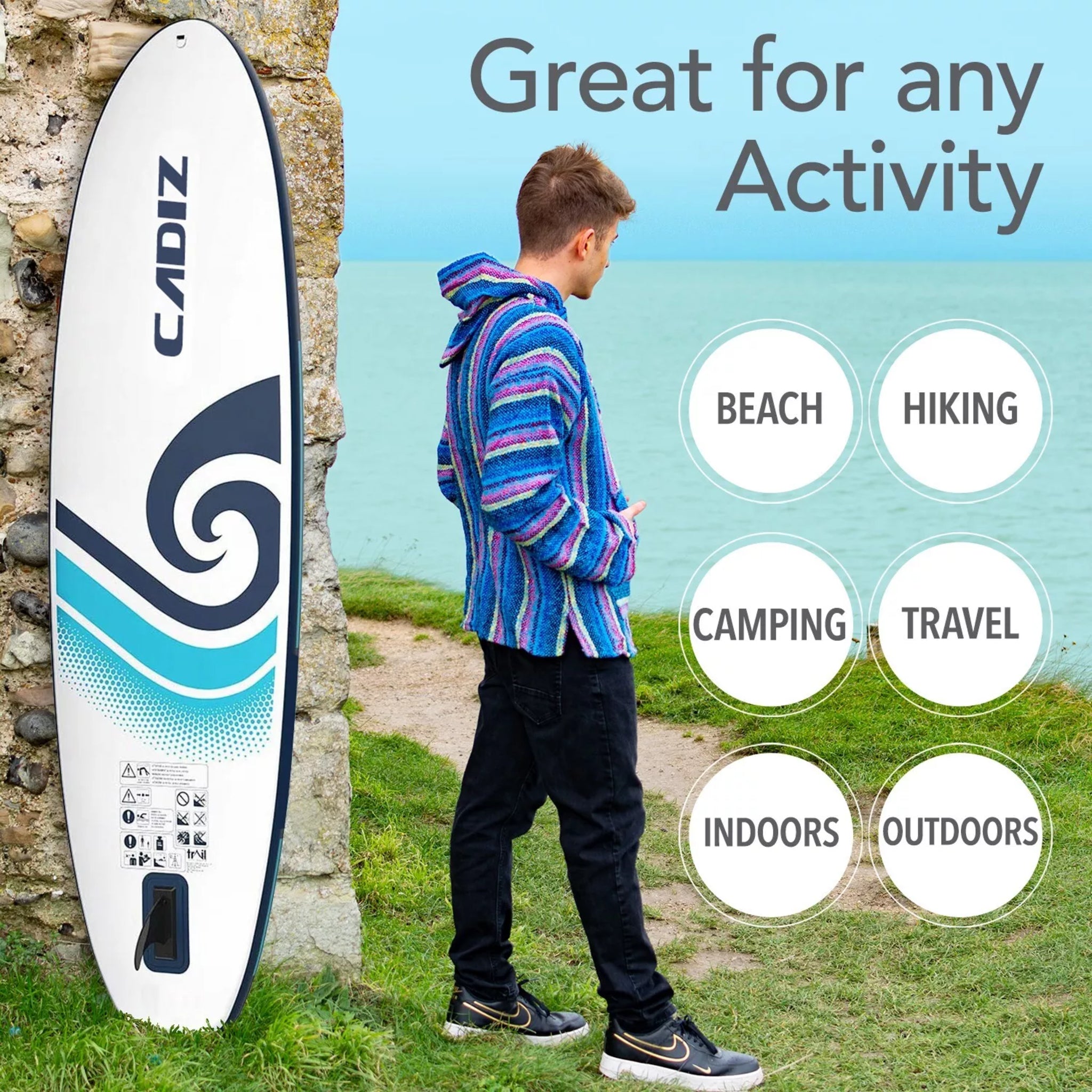 Vibrant Mexican Baja hoodie with multicolour striped pattern jumper, pullover style with front pocket and hood